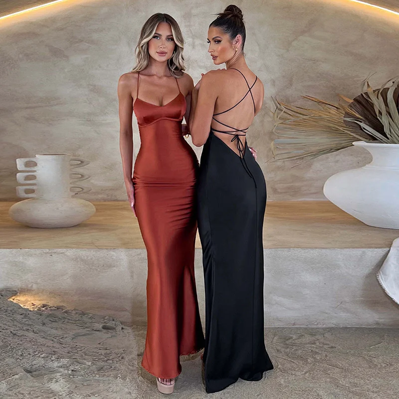 Ootddress Satin Backless Maxi Dress For Women 2025 Autumn New Spaghetti Strap Sleeveless Bodycon Long Dress Vestido Clubwear