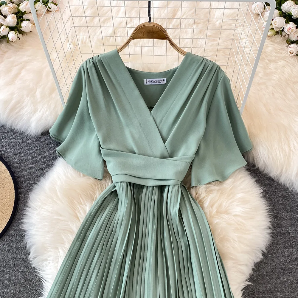 Women Elegant Pleated Dress Summer Short Sleeve V-neck Vintage Dresses Ladies A Line High Waisted Midi Dress