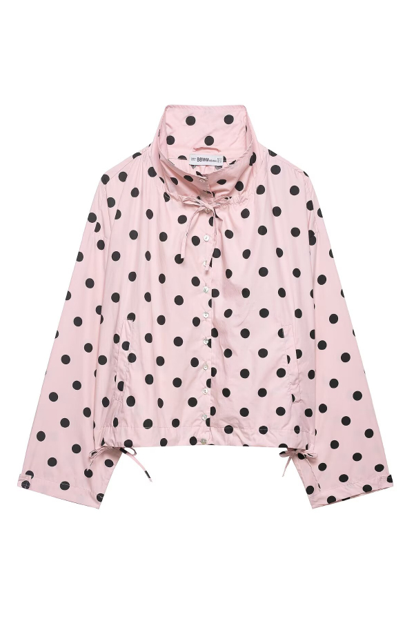Polka Dot Print Loose Stand Collar Button Bow Tie Casual Long-sleeved Jacket