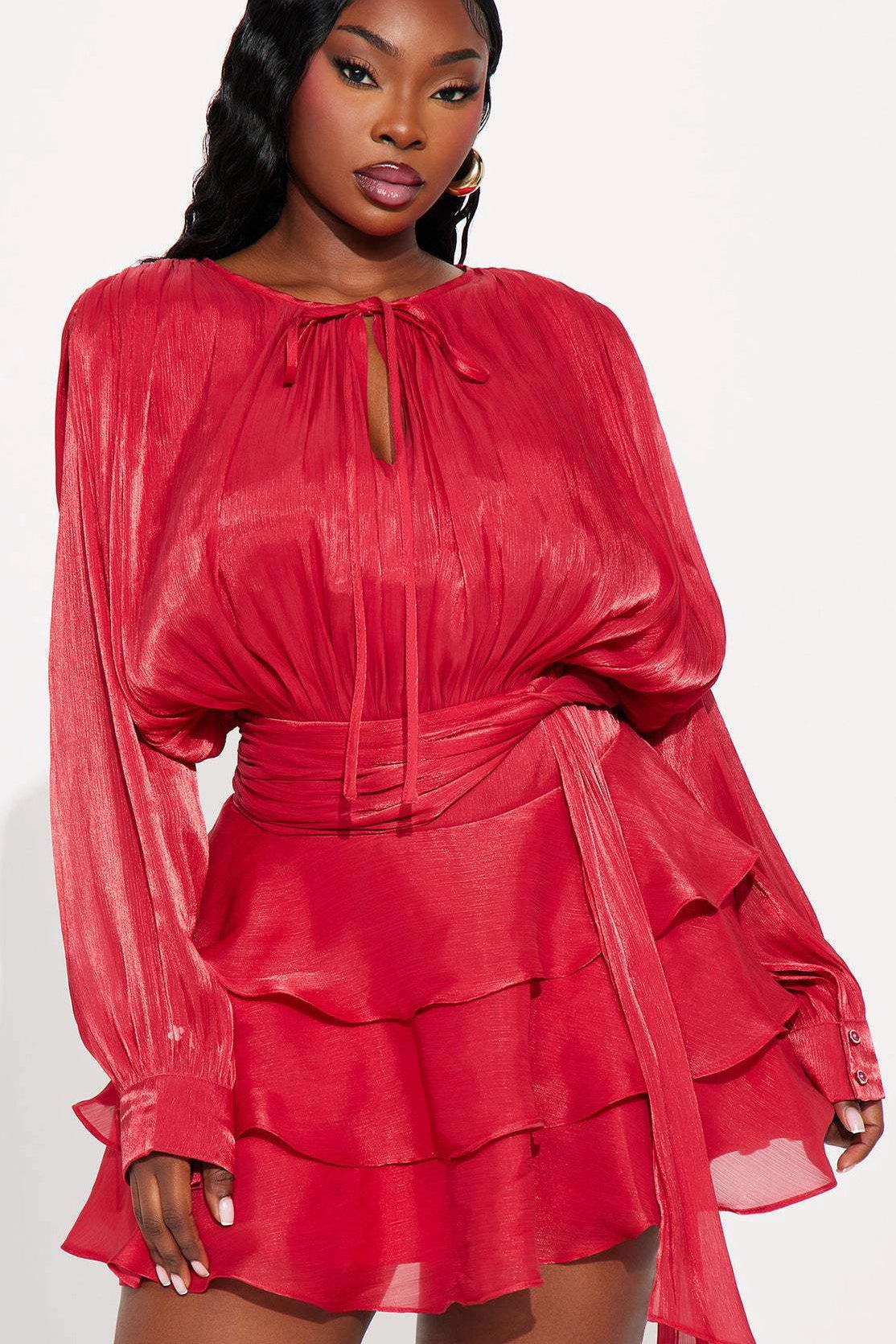Keyhole Tie Neck Long Sleeve Button Cuff Ruched Waist Tiered Ruffle Satin Mini Dress