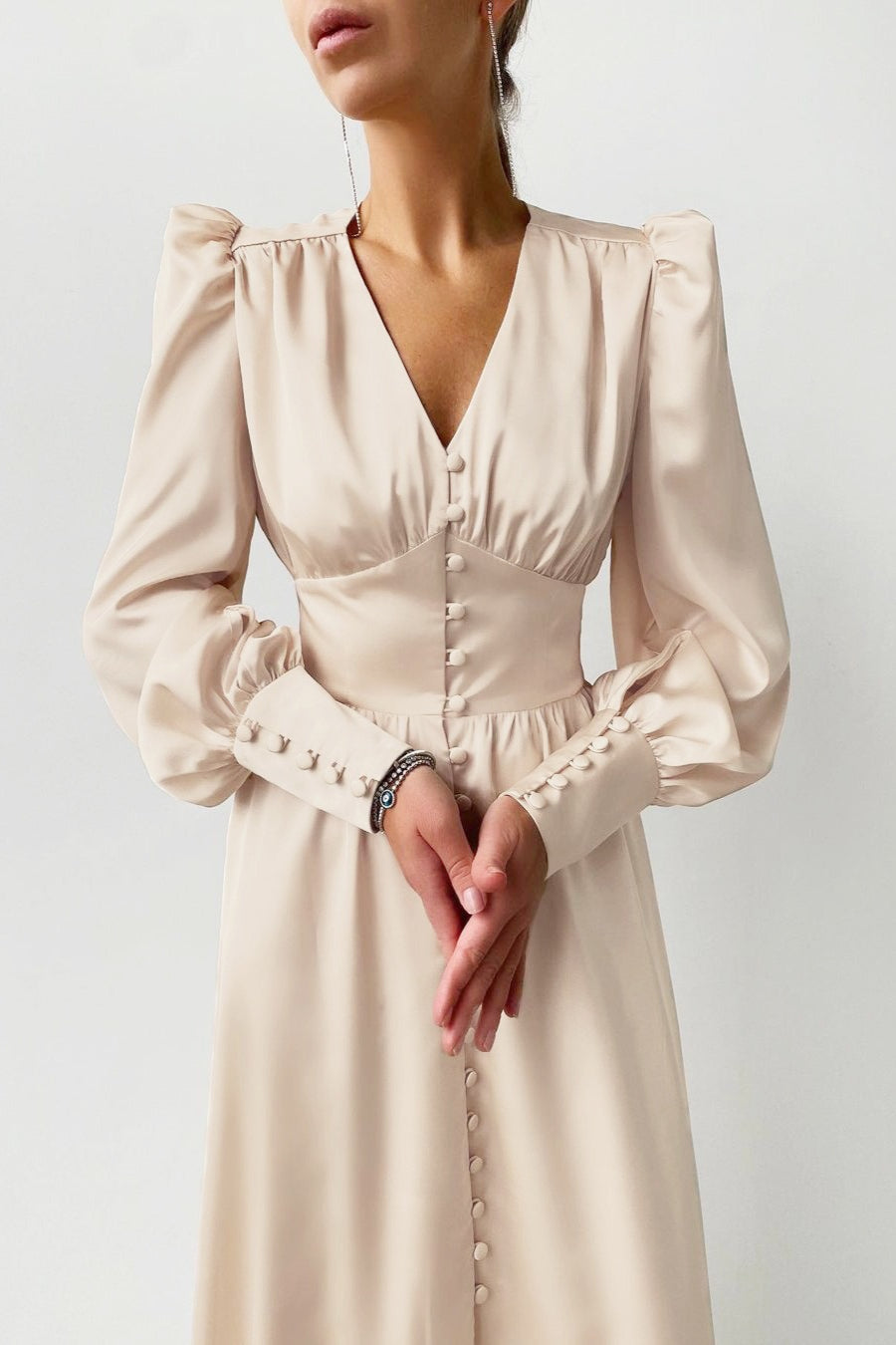 Deep V-Neck Lantern Sleeve Button Front Cinched Waist Satin Midi Dress