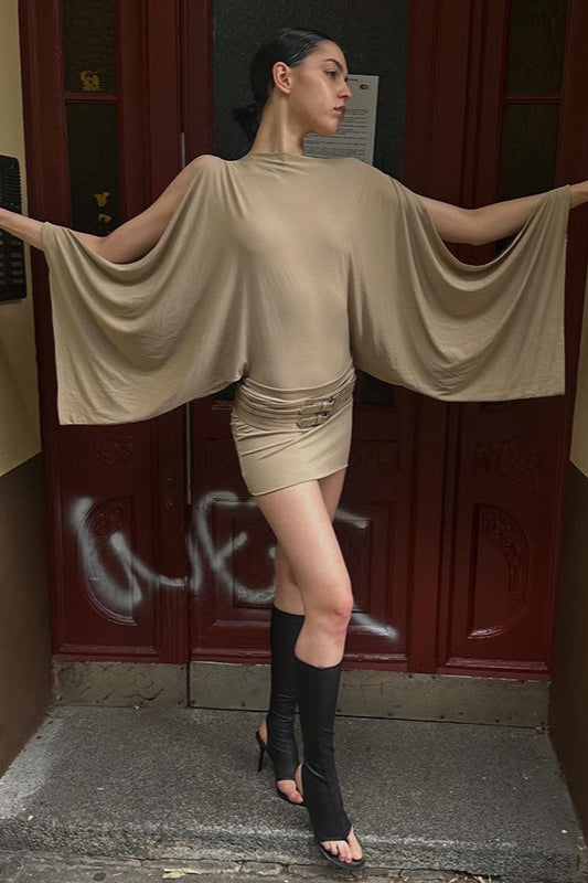 One-Shoulder Draped Cape Sleeve Double-Buckle Hip Belt Bodycon Mini Dress