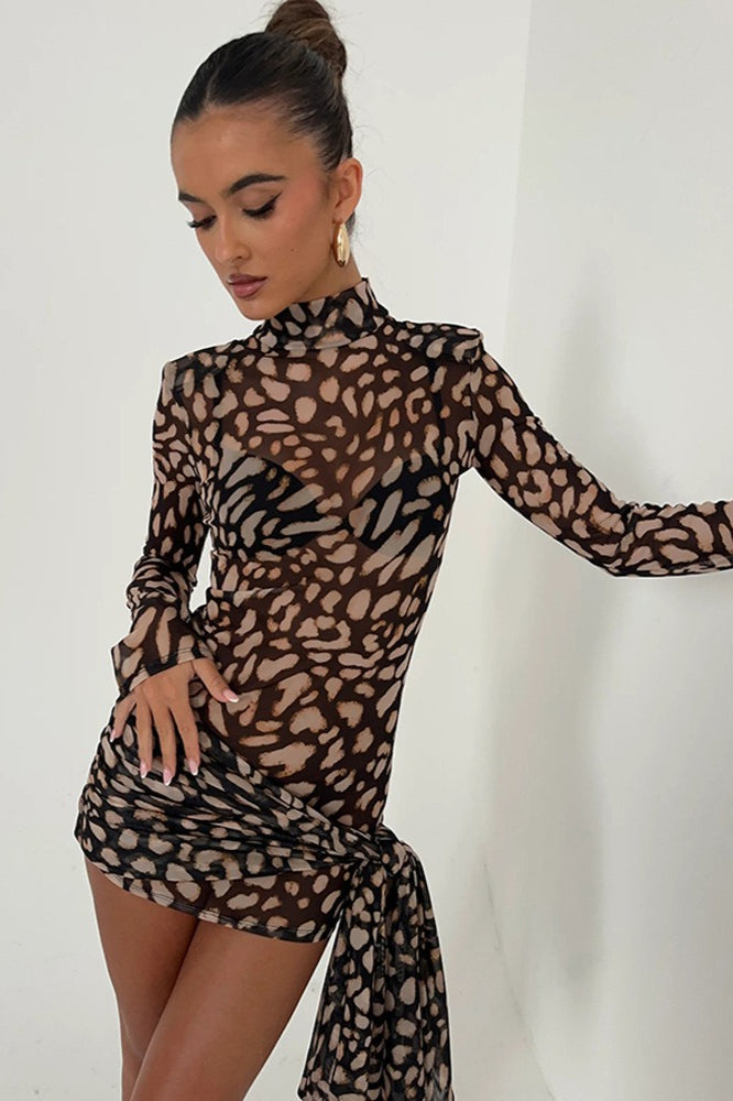 Mock Neck Sheer Mesh Abstract Print Tie Side Ruched Mini Dress
