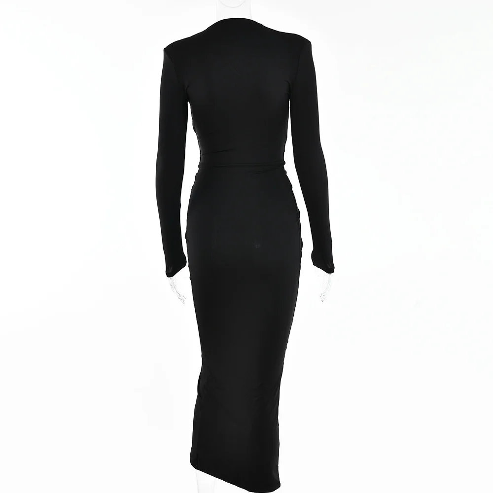 Ootddress Elegant Deep V Neck Full Sleeve Long Dress For Women Robe Fashion Autumn New Irregular Ruched Bodycon Midi Dress