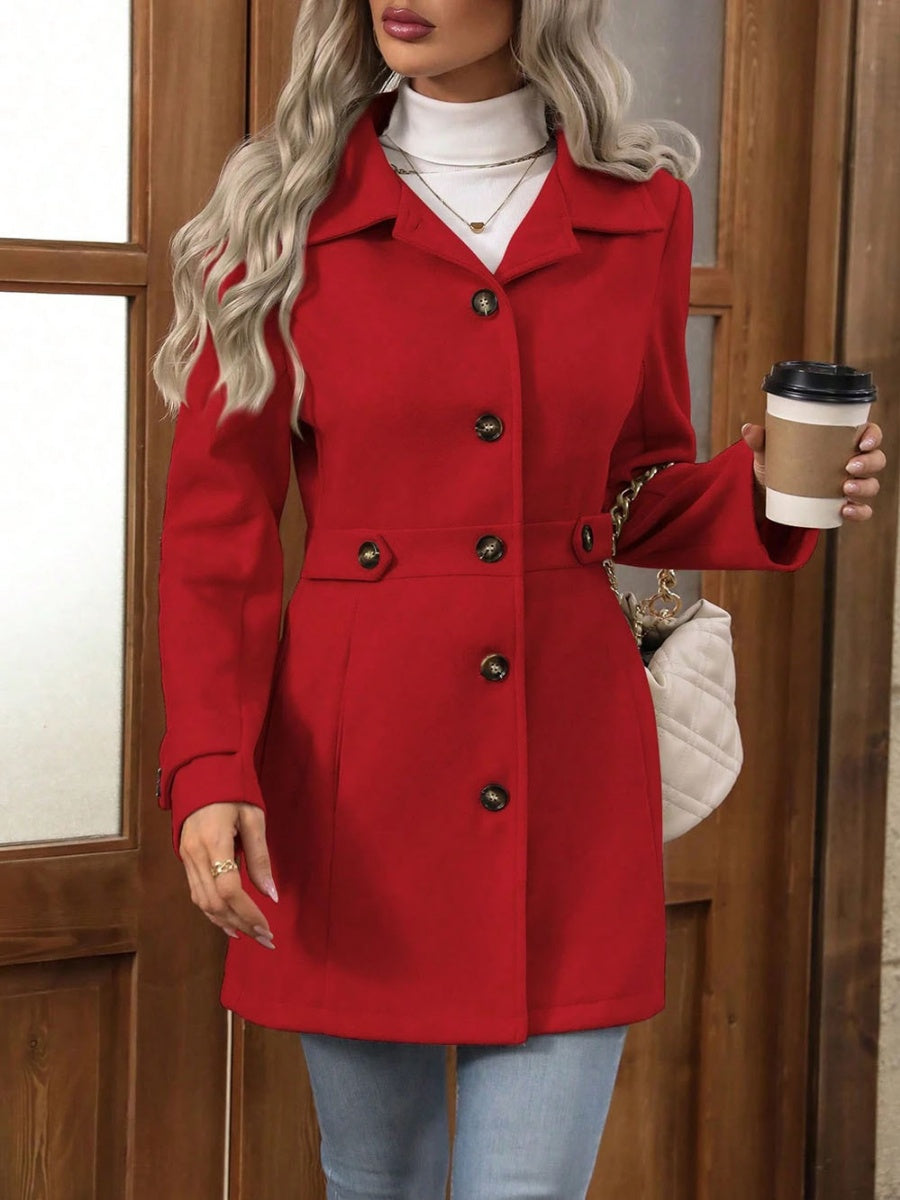 Slim Fit Lapel Buttons Solid Color Woolen Coat