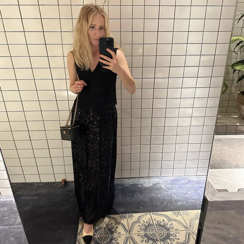 Ootddress Sequins Loose Dress Sets Women Long Sleeve Crop Tops High Waist Sexy Maxi Skirts Ladies Two Piece Suits Womens Outifits