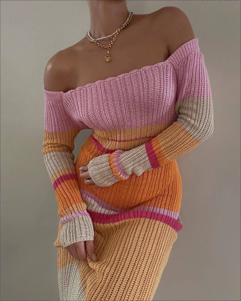 Ootddress Hollow Out Knitwear Striped Maxi Dress For Women Contrast High Waist Long Sleeve Elegant Holiday Autumn Long Dress Female 8 Ootddress Hollow Out Knitwear Striped Maxi Dress For Women Contrast High Waist Long Sleeve Elegant Holiday Autumn Long Dress Female