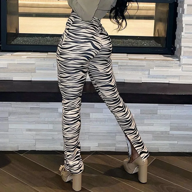 Ootddress Female Trousers Casual Zebra Print Straight Leg Pants Split Out Spring Women Streetwear High Waist Fashion Ladies Pants