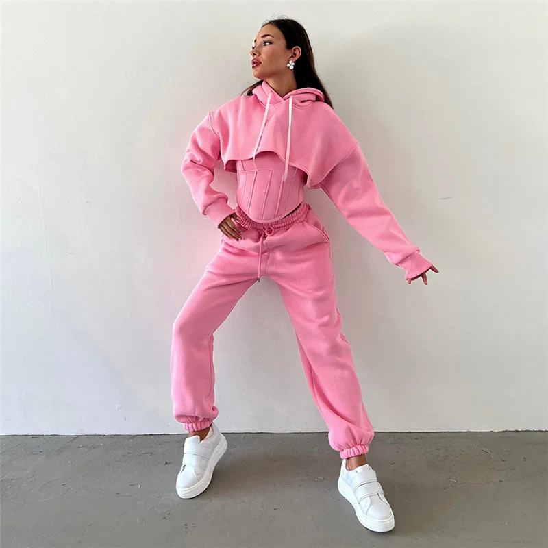 Ootddress Lace Up Pants Sets Women Slim Solid Splice Tank Tops Woman Long Sleeve Short Hoodies And Pant Suits Women Outfits Winter