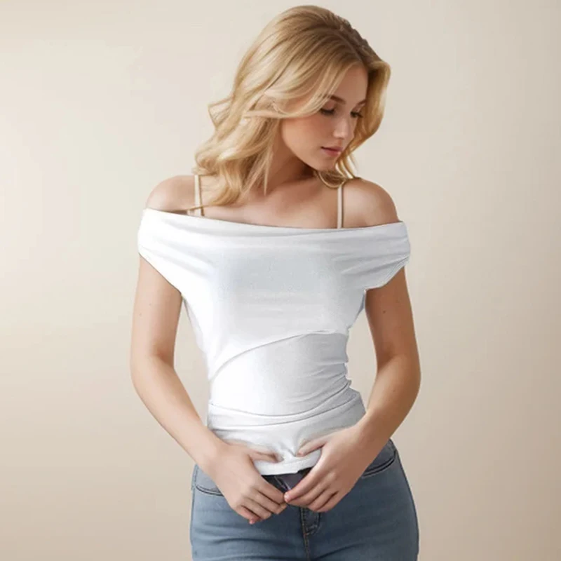 Asymmetric Crop Top Women 2025 T-shirt White Off Shoulder Female Sleeveless Sexy Tops Fashion Streetwear Summer Casual Tee Shirt 6 Asymmetric Crop Top Women 2025 T-shirt White Off Shoulder Female Sleeveless Sexy Tops Fashion Streetwear Summer Casual Tee Shirt