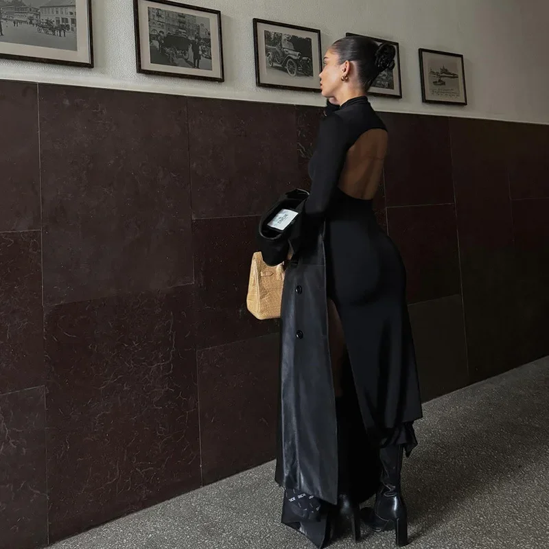 Ootddress Side Slit Back Dress Women Sexy Backless Temperament Long Sleeve Dresses Lady Party Elegant Bodycon Evening Dress Woman