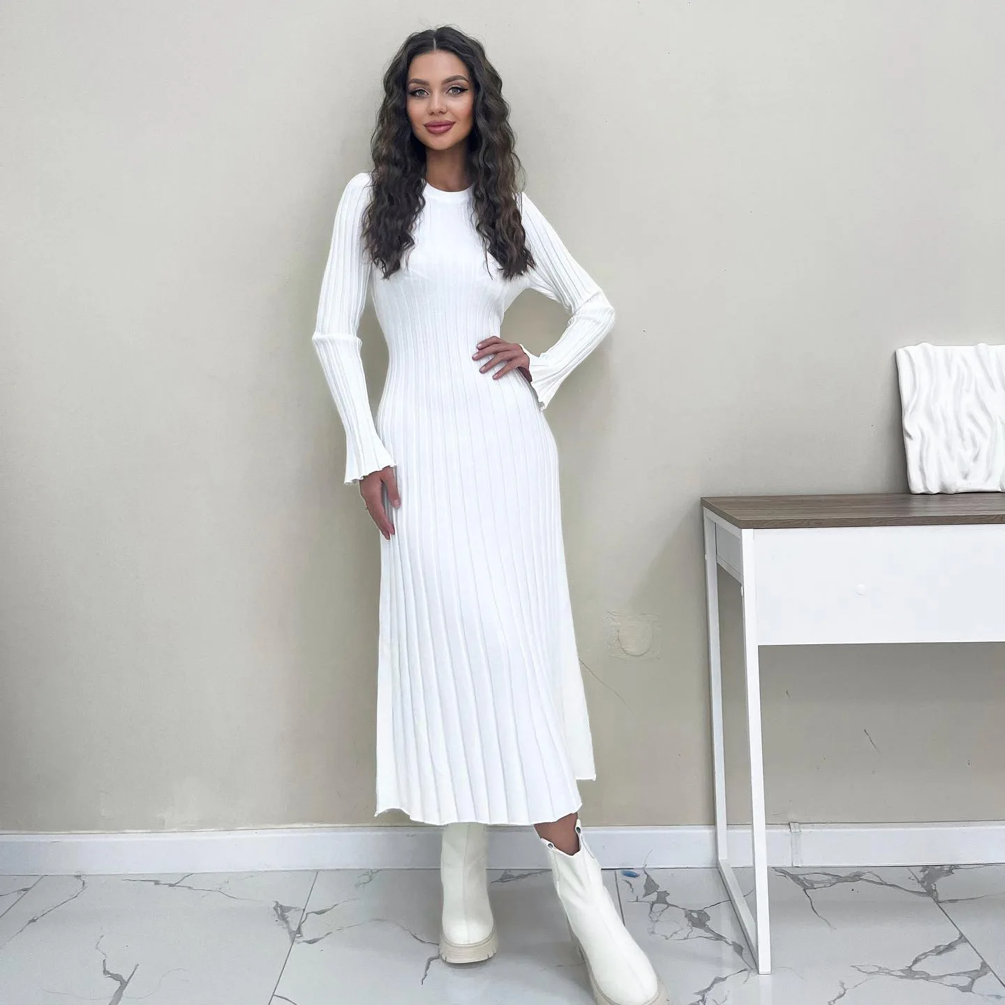 Ootddress Black Autumn Knitwear Maxi Dress Women's Ribbed Loose Patchwork Fashion High Waist Solid Dress Femal Bodycon Knit Dress