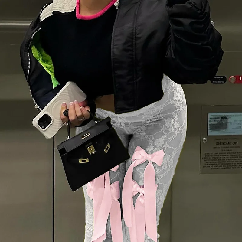 Ootddress Bow Splice Lace Pants Women Sheer Slim High Waist Bottoms Hot Girls 2025 Beach Party Sexy Club See Through Pant Ladies