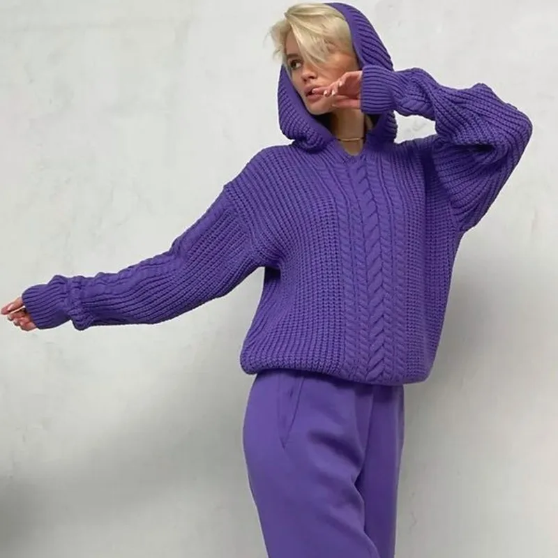Ootddress Knitted Hoodies Sweater Women Loose Long Sleeve Autumn Pullover Woman Street Casual 2025 Baggy Coat Female Winter Clothes