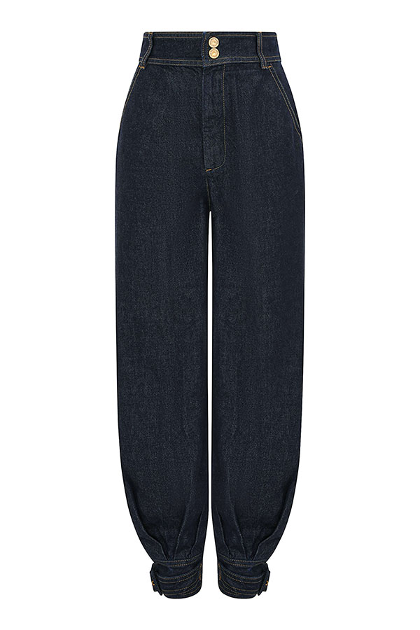 Luna Denim High Rise Pocket Adjustable Buckle Ankle Strap Harem Pants