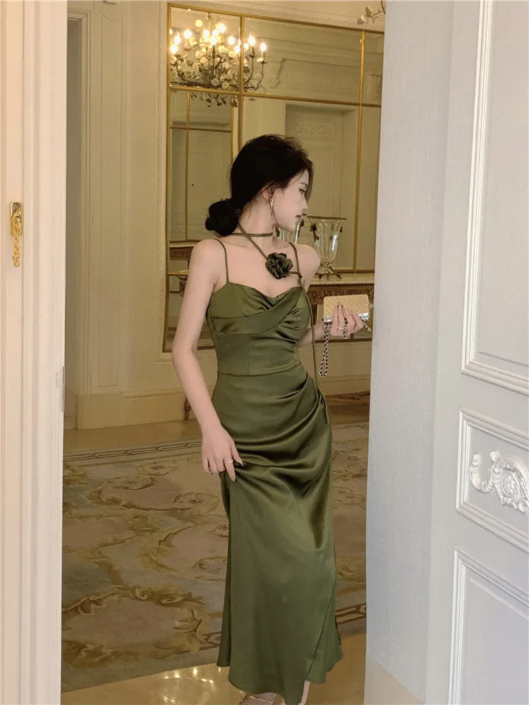 Elegant Solid Satin Midi Dress Women Spaghetti Strap Bodycon 3D Flower High Waist Slim Evening Party One Piece Lady Vestidos