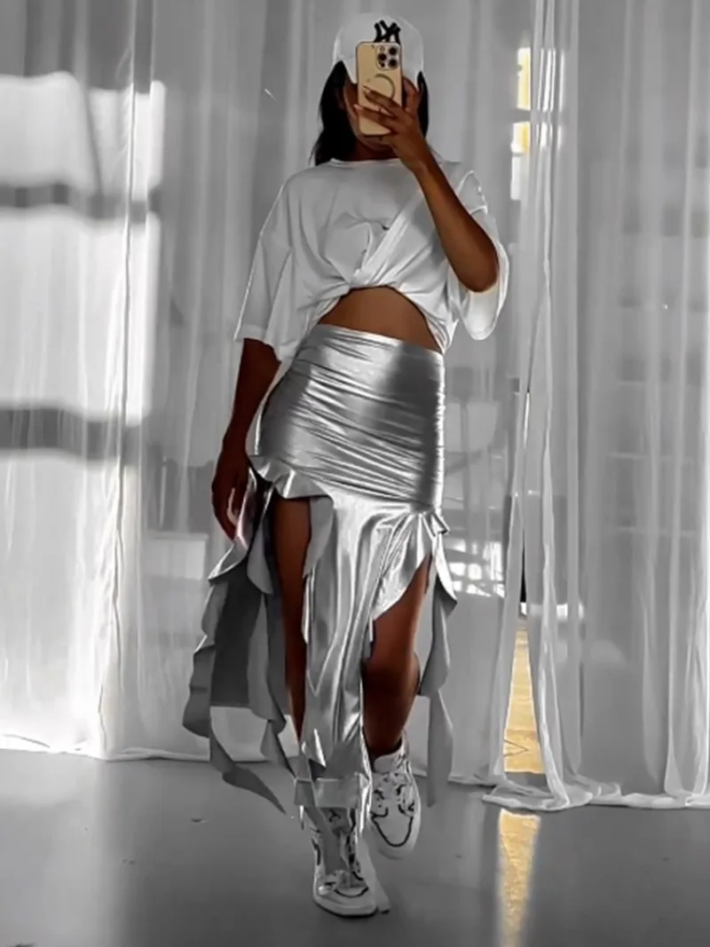 Ootddress High Waist Bodycon Long Skirt For Women 2025 Casual Hollow Out Tassel Faldas Ajustadas Side Slit Party Maxi Skirts Woman