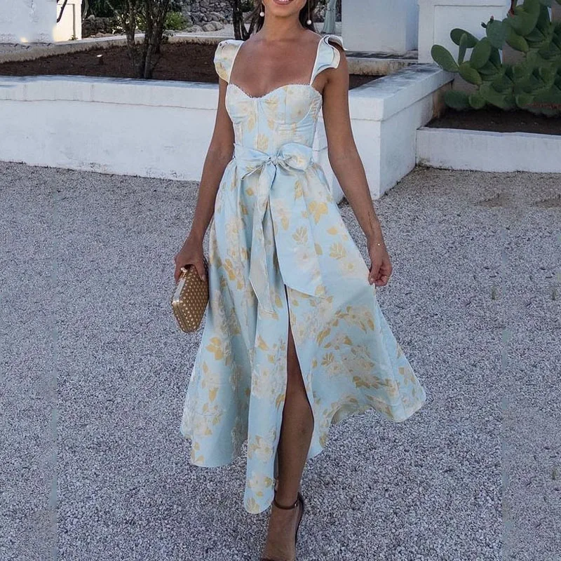 Flowers Print Sleeveless Long Dresses Women Sexy Low Cut Backless Bowknot Leace-up Slit Dress Temperament Lady Vestidos 2025 New