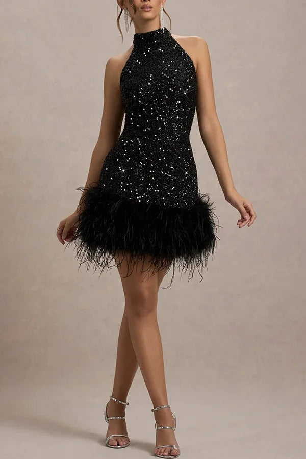 Sequin Halter High Neck Cut In Shoulder Feather Hem Bodycon Mini Dress