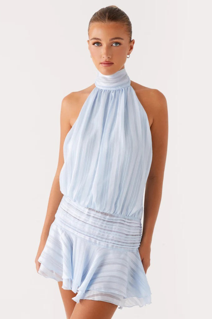 Jacquard Stripe Halter Neck Smocked Waist Tiered Ruffle Mini Dress