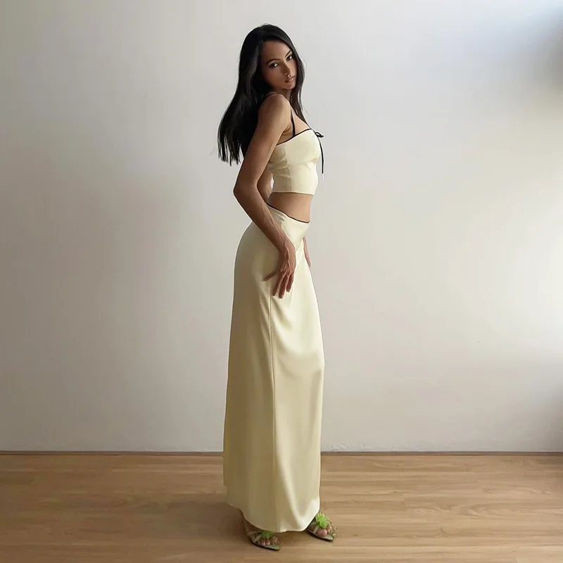 Ootddress Women's Solid Color Slim Fit With Exposed Navel Set Suspender Vest High Waisted Skirt Lady New Fashion Party Clothing 2025