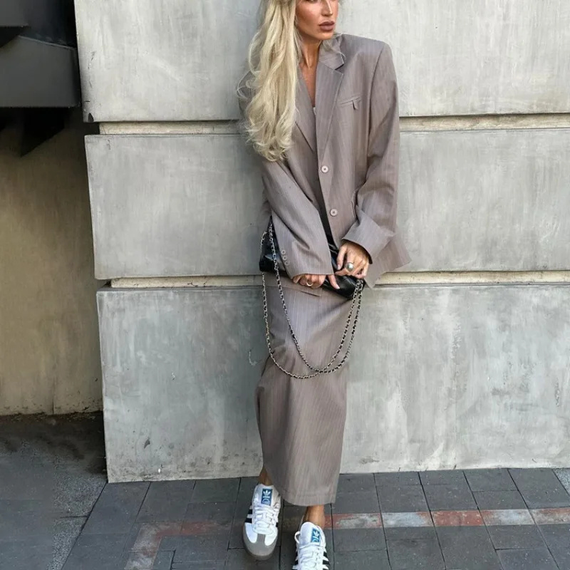 Ootddress Oversized Blazer Suits For Women Loose Slit High Waist Skirts Femme New Street Casual Blazers 2 Piece Sets Womens Outfits