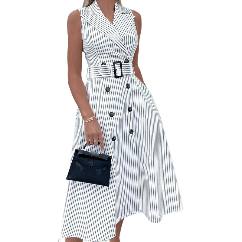 Temperament Stripe Sleeveless Suit Collar Dresses Women Belt Double Breasted A-line Dress Fashion Commuting Vestidos Female New