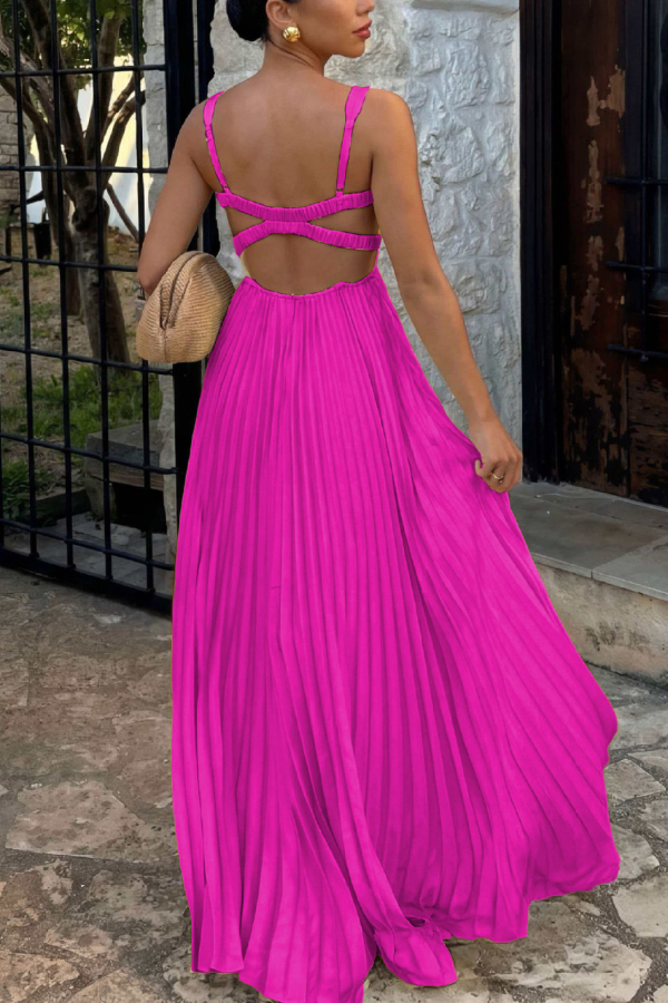 Solid Color V-neck Sleeveless Fitted Waist Backless Pleated Maxi Dress