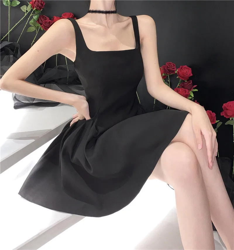 Y2K Black Short Dress Women Spaghetti Strap New Summer Sexy Evening Party Dresses with Pockets French Vintage Backless Clothing