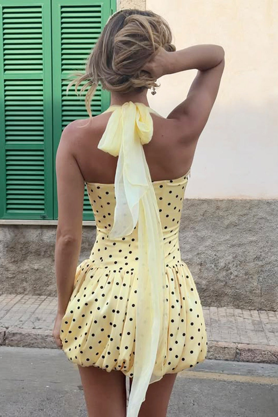 Polka Dot Sweetheart Bustier Spaghetti Strap Bubble Hem Mini Dress