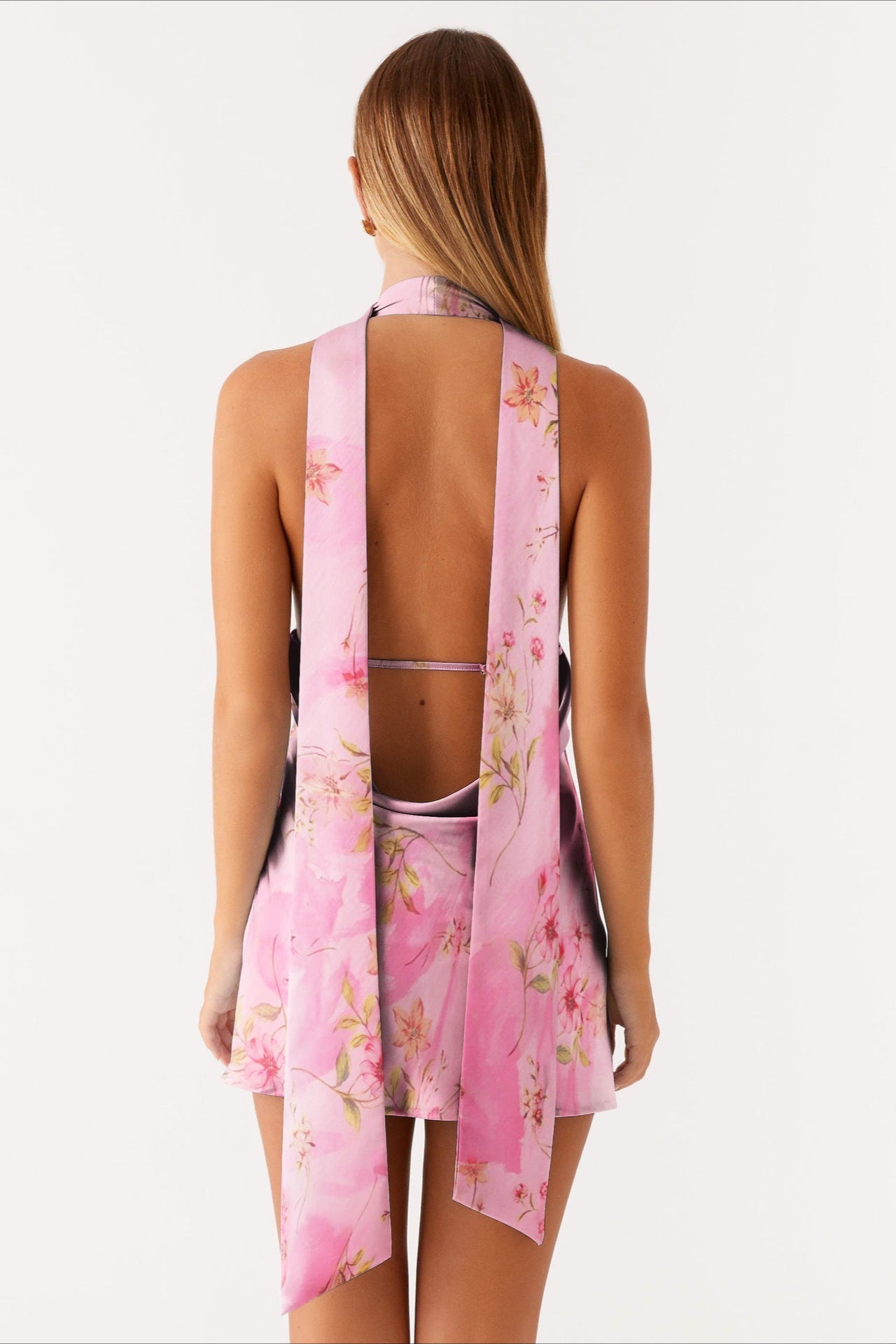 Halter Choker Deep V Neck Asymmetric Hem Watercolor Floral Print Mini Dress