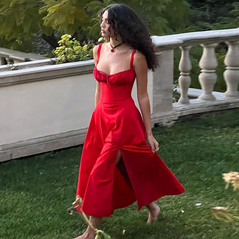 Ootddress Elegant Backless Split Midi Dress For Women Robe Spaghetti Strap Sleeveless Lace-up Pleated Party Long Dress Vestido
