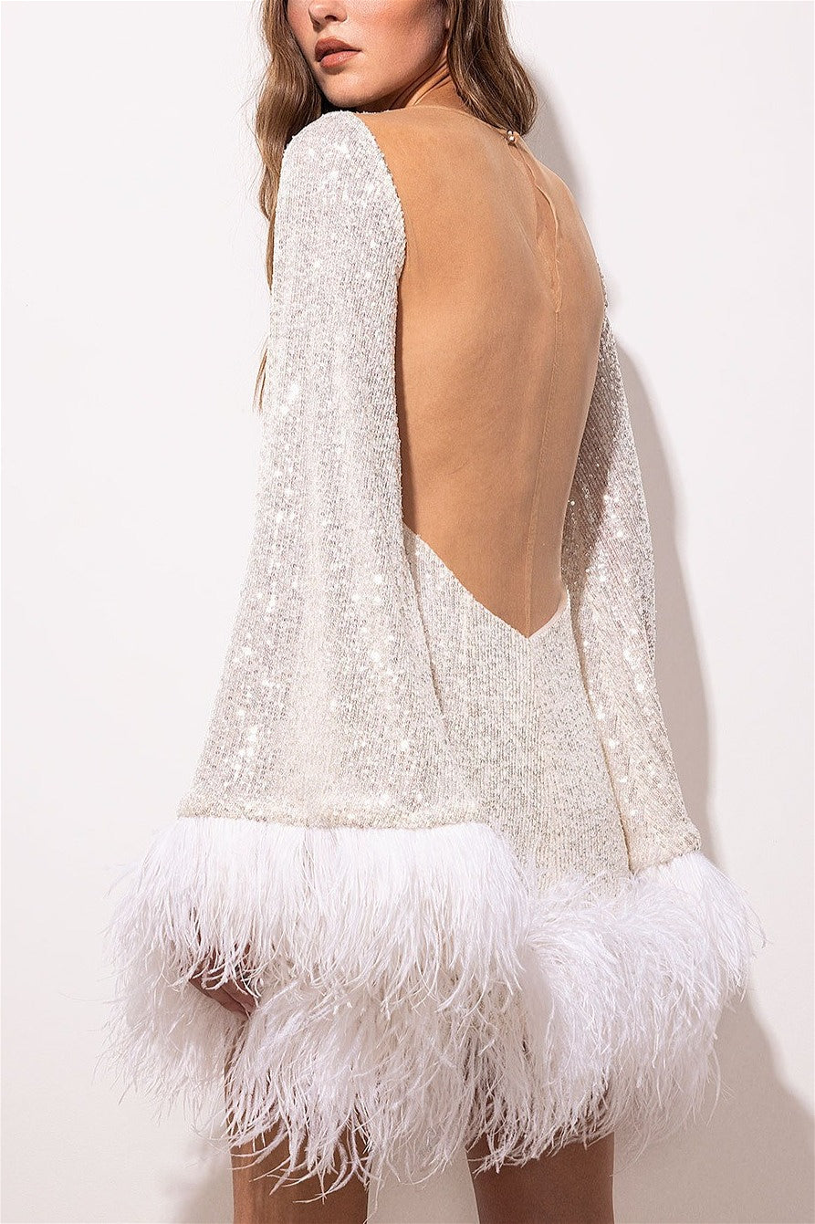 Sequin Bell Sleeve Crew Neck Ostrich Feather Trim Shift Mini Dress