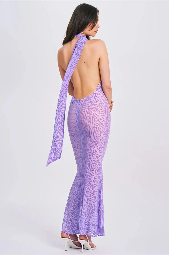 Halter Neck Scarf Tie Mixed Print Bodycon Mermaid Maxi Dress