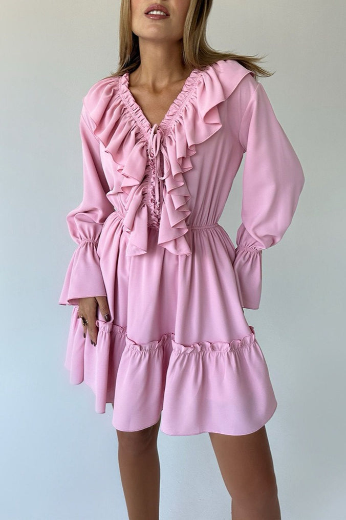 V-Neck Lace-Up Ruffle Trim Balloon Sleeve Mini Dress