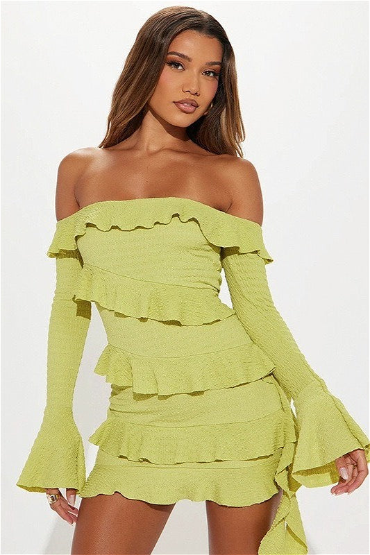 Off-Shoulder Tiered Ruffle Smocked Bell Sleeve Bodycon Mini Dress