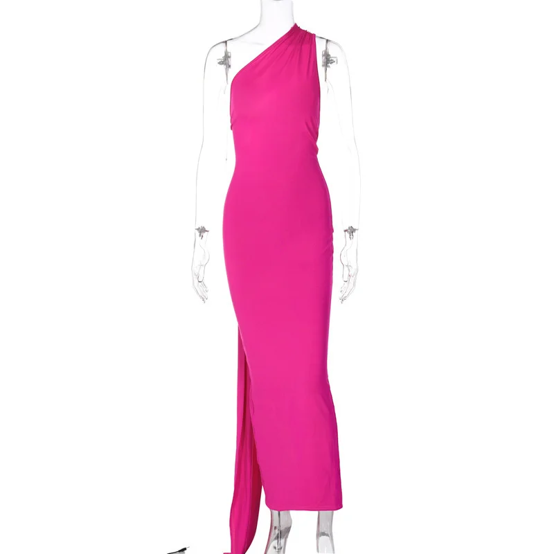 Ootddress Oblique Shoulder Backless Maxi Dress For Women Gown Summer Back Strap Sleeveless Ruched Party Sexy Long Dress Vestidos