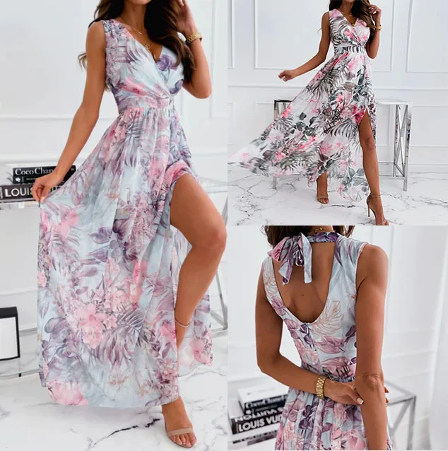 Chiffon Flower Print Sleeveless Long Dresses Women V-neck Backless Leace-up Slit Dress Temperament Summer Maxi Vestidos Female 6 1345