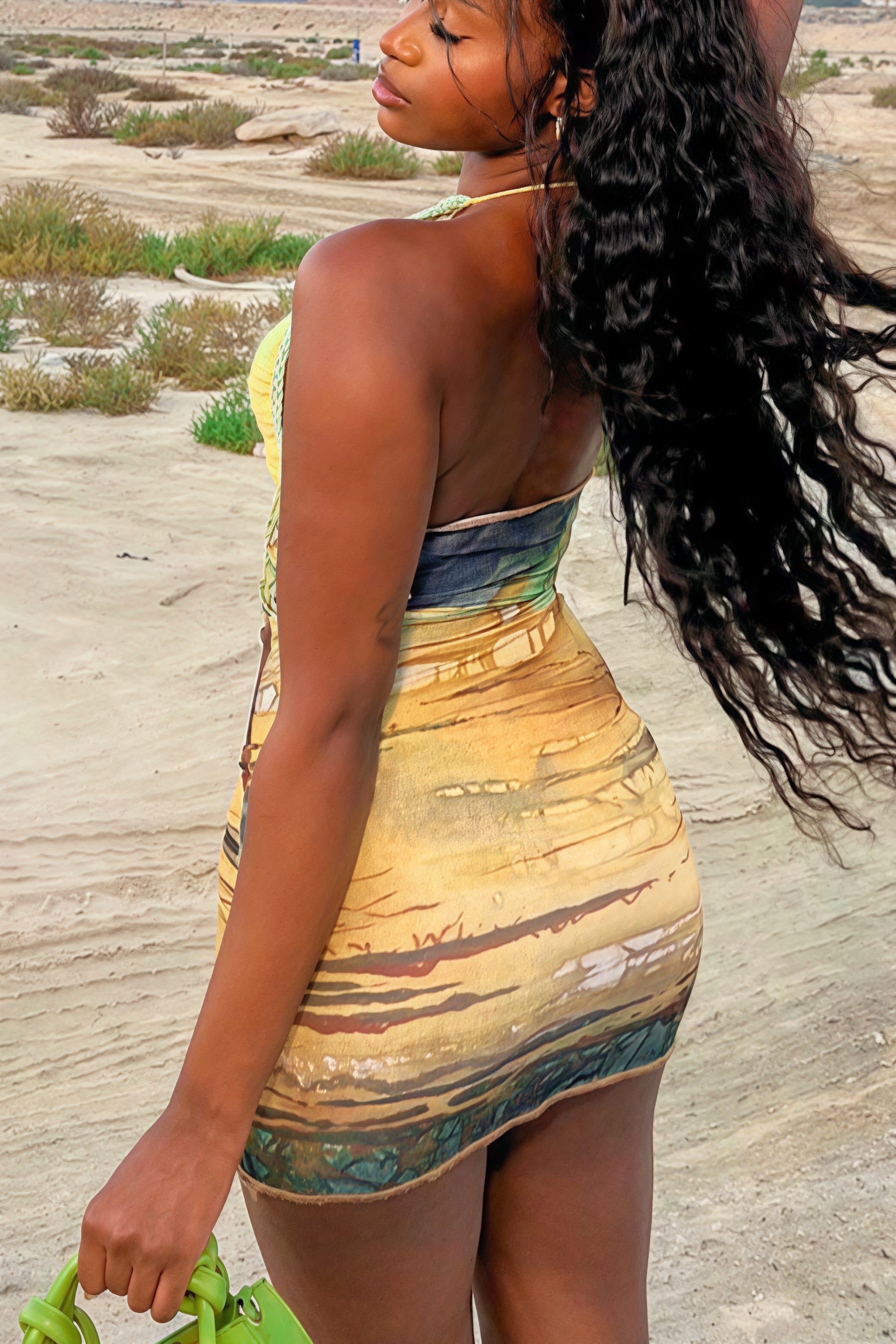 Crochet Halter Abstract Print Mesh Ruched Bodycon Mini Dress