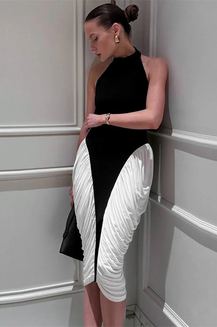 Halter Contrast Panel Ruched Side Drape Bodycon Midi Dress