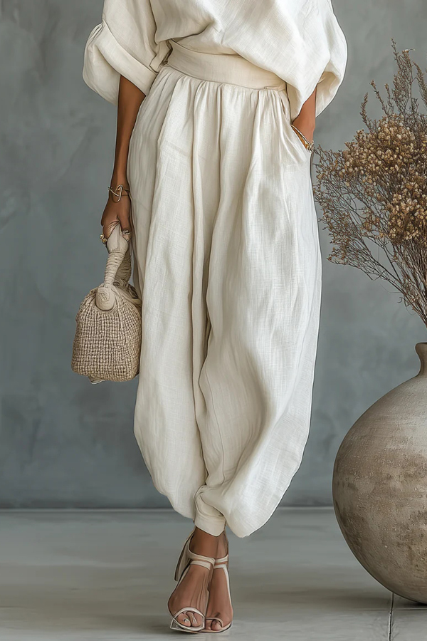 Solid Color Off-shoulder Loose Top and Elastic Waist Casual Pocket Wide-leg Pants Set