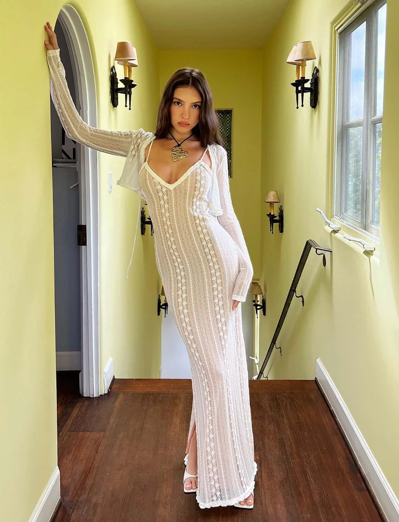 Ootddress Lace Dress Sets Women Bodycon Long Sleeve Cover-up Ladies Split V Neck Slim High Waist Dresses For Woman Summer Casual