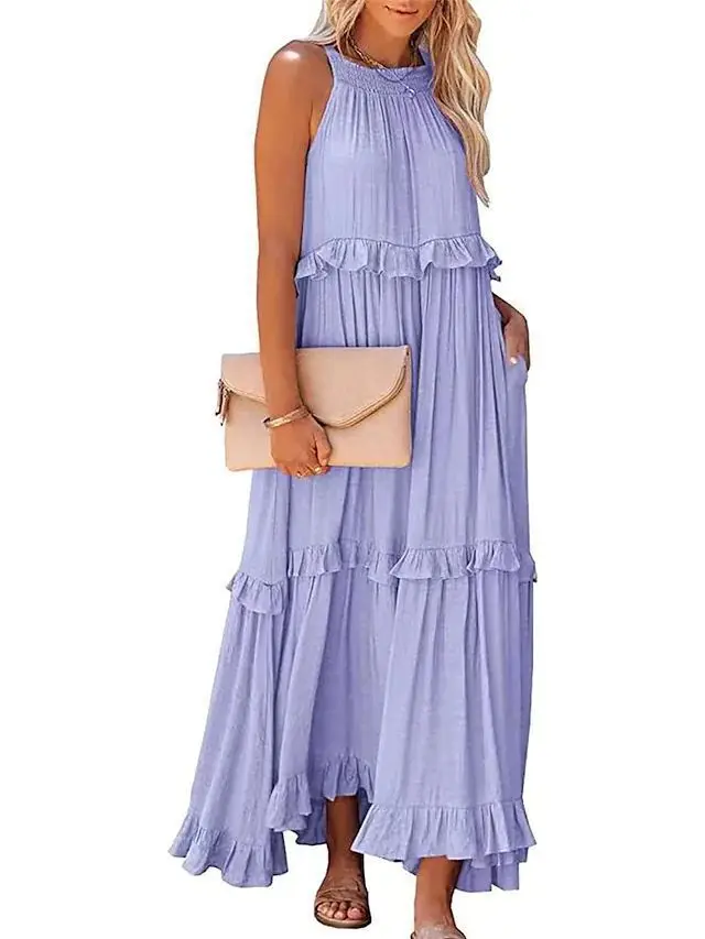 Summer Vacation Style Halter Neck Long Dresses Women Fashion Backless Leace-up Loose Ruffles Beach Dress Elegant Ladies Vestidos 14 Summer Vacation Style Halter Neck Long Dresses Women Fashion Backless Leace-up Loose Ruffles Beach Dress Elegant Ladies Vestidos