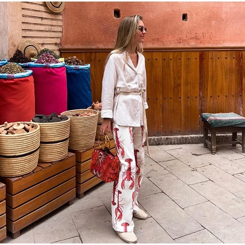 Cartoon Cray Printing Long Pants Set For Women 2025 Summer Short Sleeve Shirt High Waist Wide Leg Pant 2 Piece Sets Lady Outfits