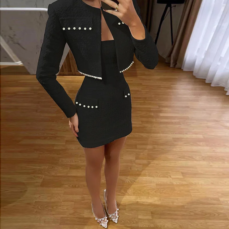 Ootddress Pearl Dress Sets Women Autumn Long Sleeve Coat And Mini Dress Two Piece Sets Femme Sexy Strapless Dress Matching Sets