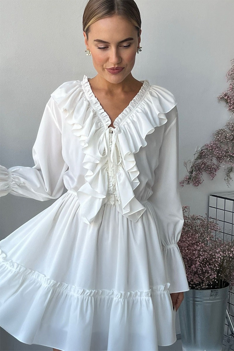 V-Neck Lace-Up Ruffle Trim Balloon Sleeve Mini Dress