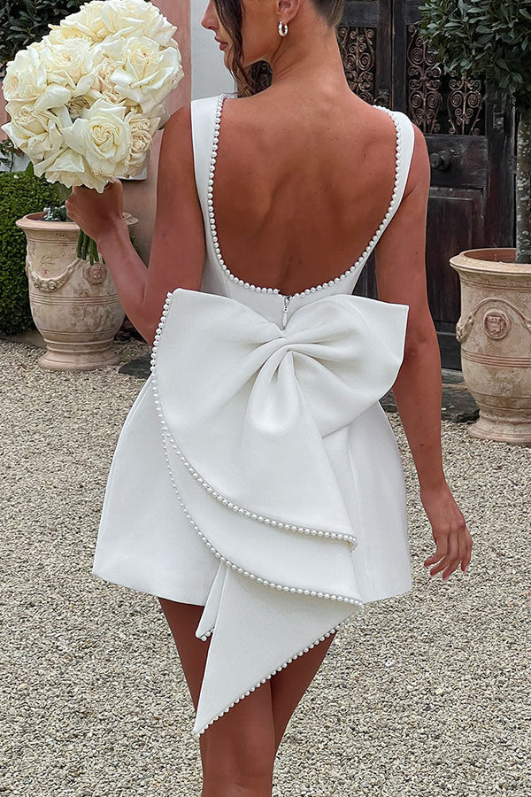 Bateau Neck Pearl Trim Sleeveless Back Bow A-Line Mini Dress