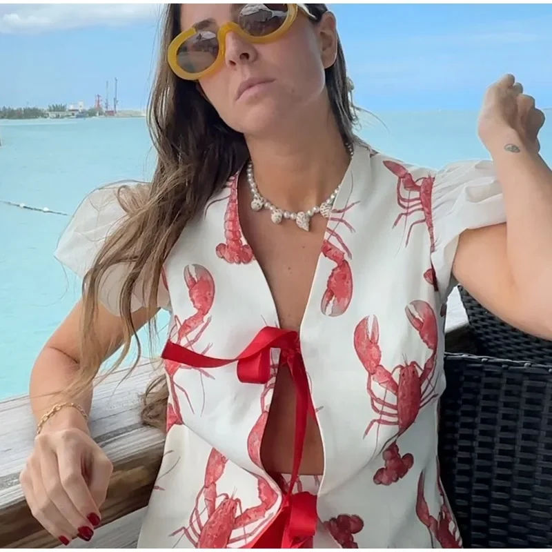 Cartoon Cray Printing Long Pants Set For Women 2025 Summer Short Sleeve Shirt High Waist Wide Leg Pant 2 Piece Sets Lady Outfits