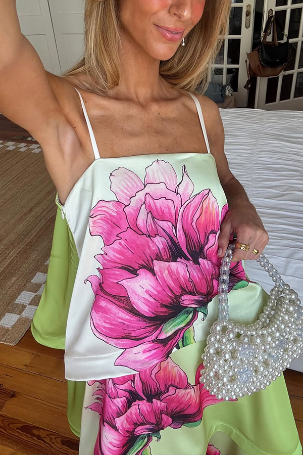 Elisia Satin Color Block Flower Print Tiered Slip Square Neck A-line Maxi Dress