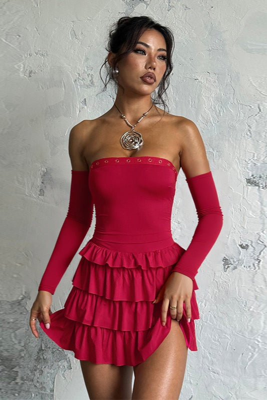 Grommet Trim Off-Shoulder Long Sleeve Tiered Ruffle Bodycon Mini Dress